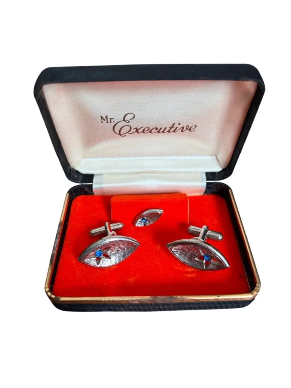 Vintage Mr Executive Silver Tone Cufflink Tie Tack Set Blue Rhinestones In Box